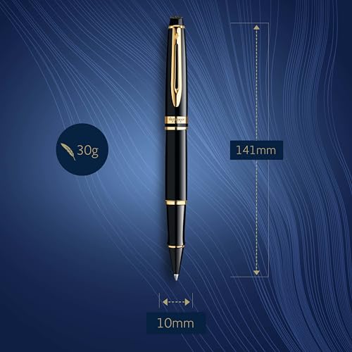 Waterman قلم رولر من ووترمان إكسبيرت، أسود لامع مع حواف ذهبية 23 قيراط، نقطة رفيعة، حبر أسود، قلم فاخر في علبة هدايا، هدية رائعة للزملاء - Image 3