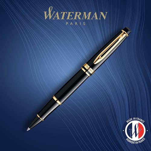 Waterman قلم رولر من ووترمان إكسبيرت، أسود لامع مع حواف ذهبية 23 قيراط، نقطة رفيعة، حبر أسود، قلم فاخر في علبة هدايا، هدية رائعة للزملاء - Image 2