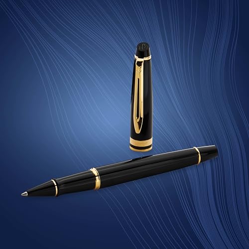 Waterman قلم رولر من ووترمان إكسبيرت، أسود لامع مع حواف ذهبية 23 قيراط، نقطة رفيعة، حبر أسود، قلم فاخر في علبة هدايا، هدية رائعة للزملاء - Image 5