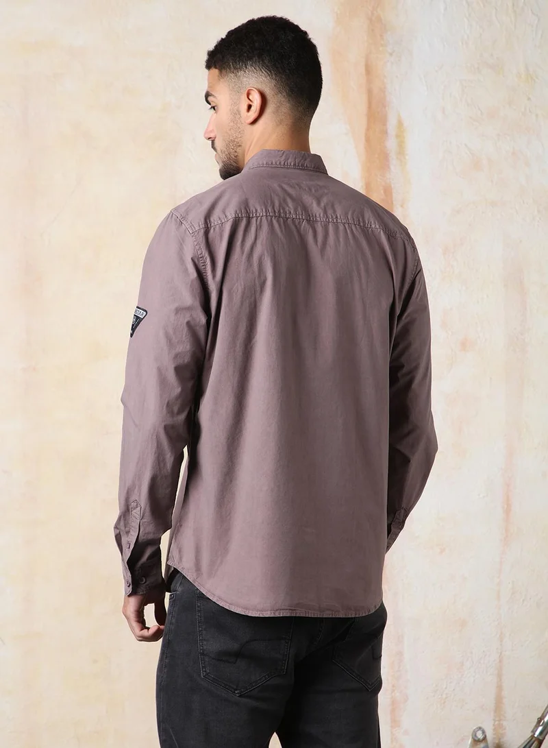 HIGH STAR Men Regular Fit Utility Heavy Washed Spread Collar Solid Cotton Casual Shirt