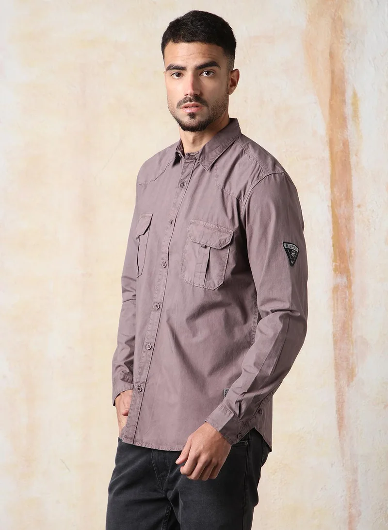 HIGH STAR Men Regular Fit Utility Heavy Washed Spread Collar Solid Cotton Casual Shirt