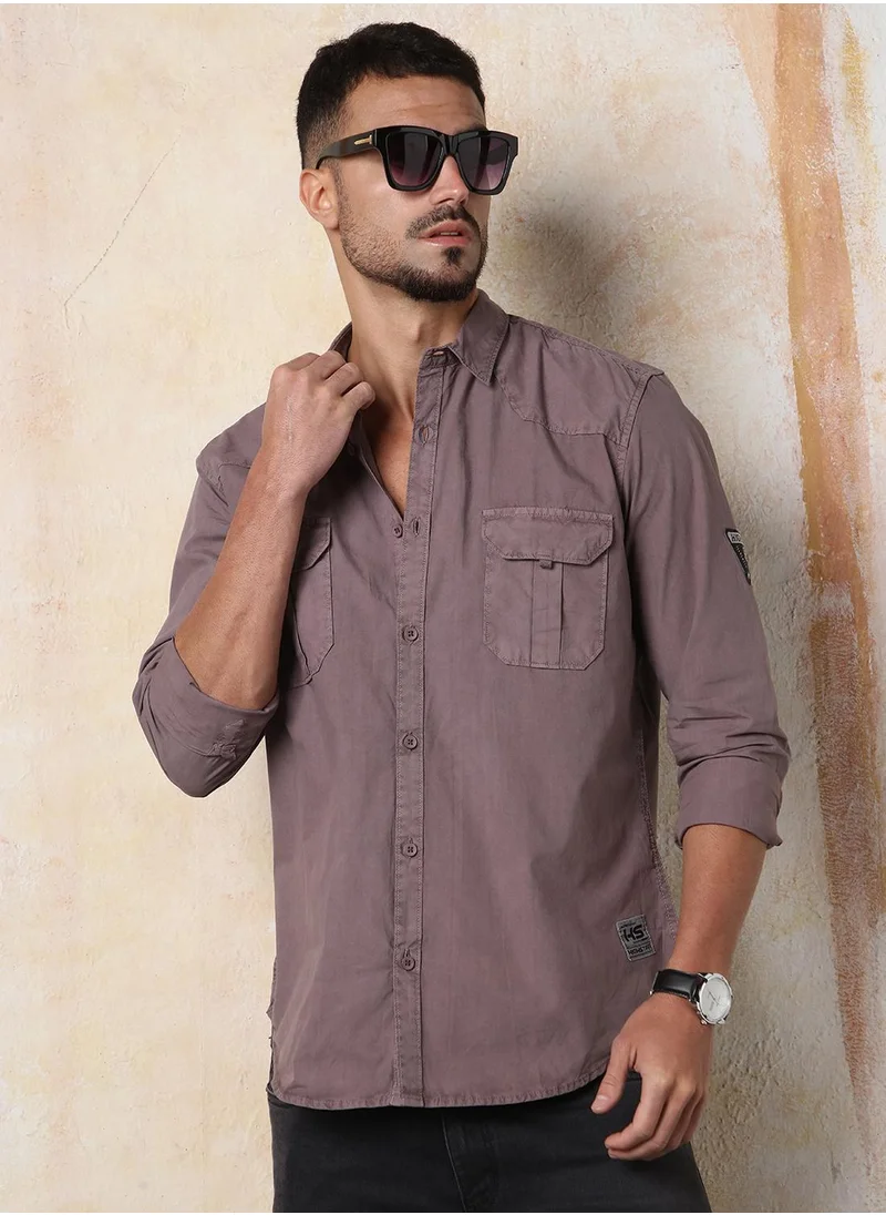 هاي ستار Men's Mauve 100% Cotton Solid Button Down Regular Fit Shirt