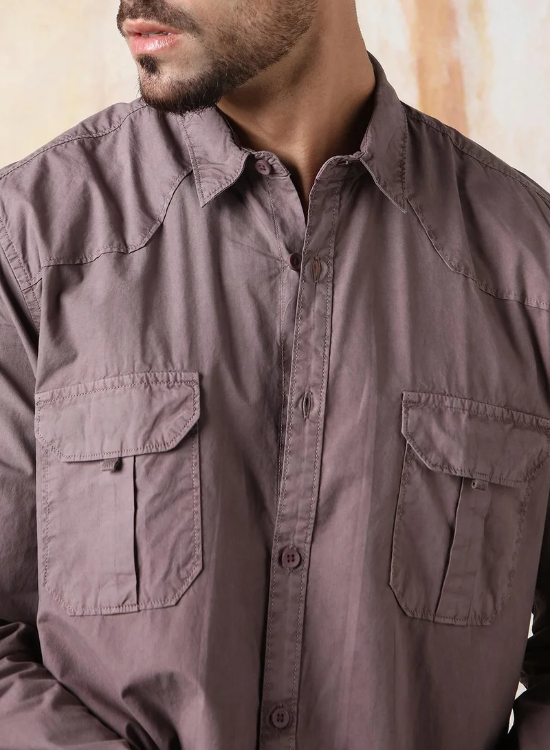 HIGH STAR Men Regular Fit Utility Heavy Washed Spread Collar Solid Cotton Casual Shirt