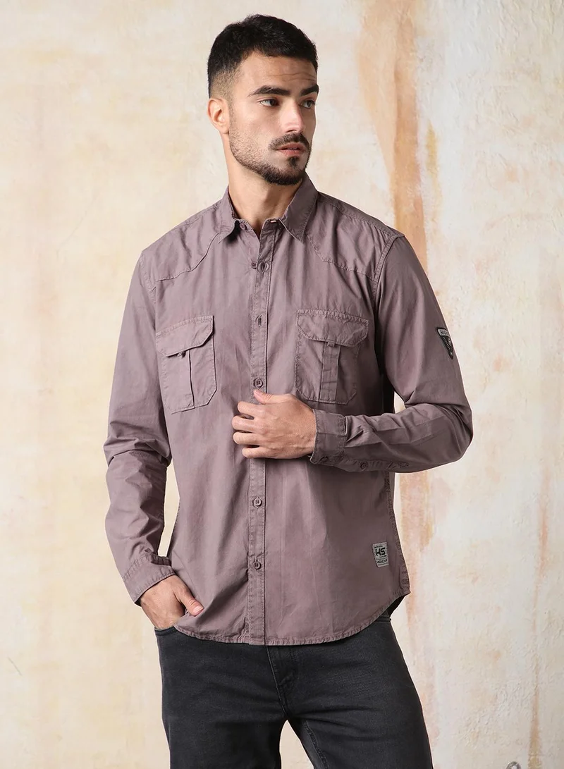 HIGH STAR Men Regular Fit Utility Heavy Washed Spread Collar Solid Cotton Casual Shirt