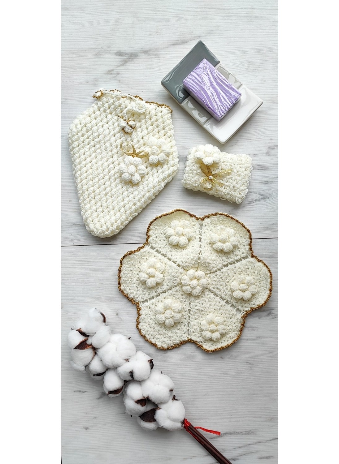 Mbmh Made By May Hand - MadeByMayHand Golden Yellow Glittery Flower Pattern Hand Knitted 3-Piece Bath Loofah Dowry Loofah - Image 1
