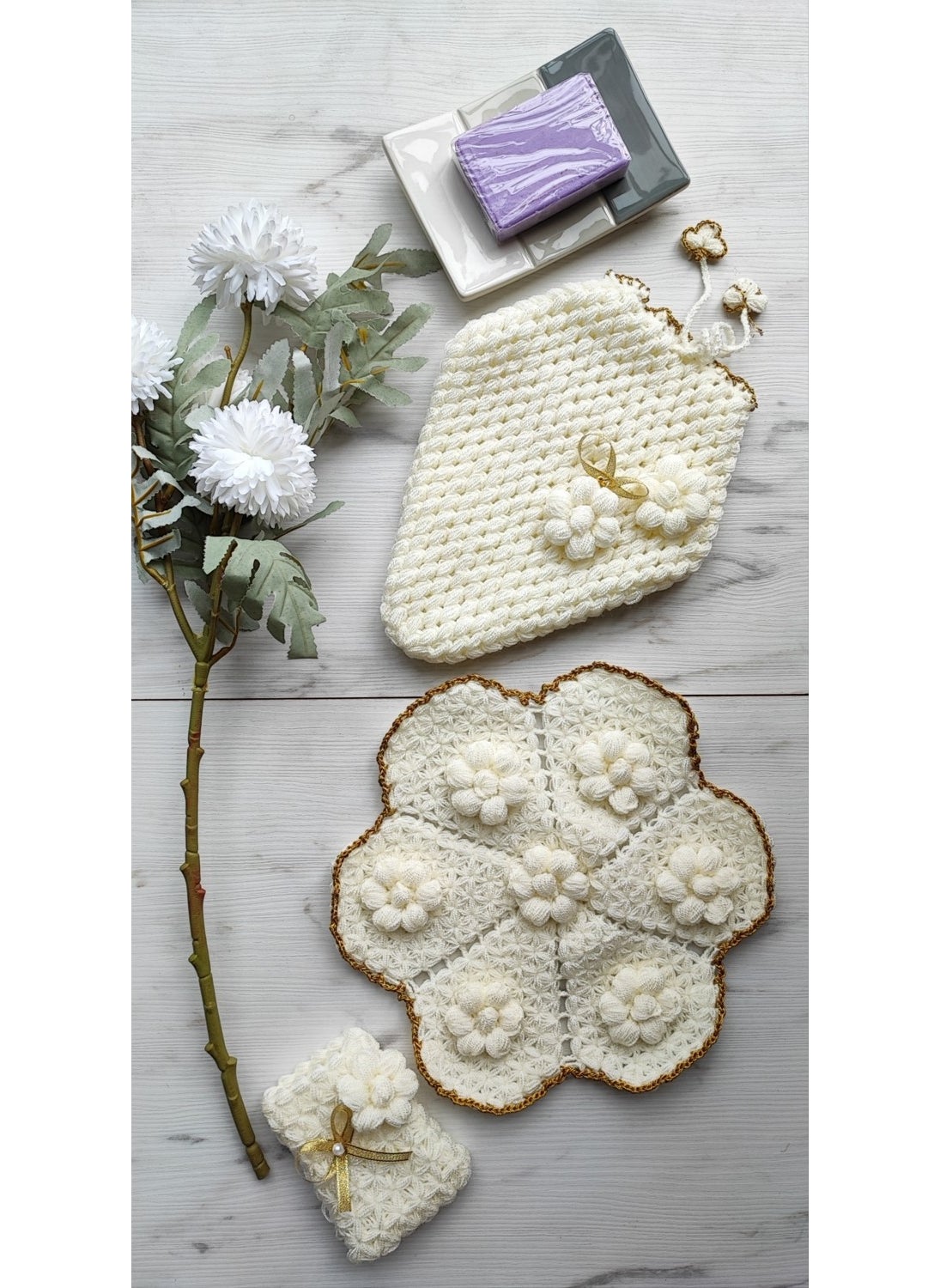 Mbmh Made By May Hand - MadeByMayHand Golden Yellow Glittery Flower Pattern Hand Knitted 3-Piece Bath Loofah Dowry Loofah - Image 1