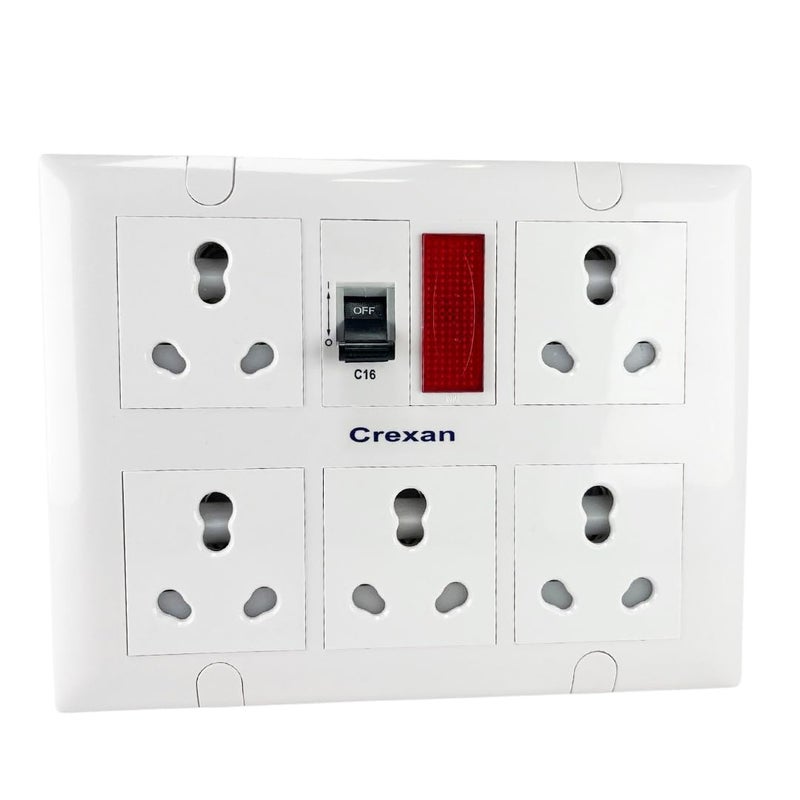 Crexan Extension Board 6A16A 15002500 Wattage with 16 Amp Socket 5nos with Safety Shutter 16A MCB with Power Indicator 25 Sqmm 3 Core White Copper Wire 2500 Wattage 16A Big Plug 10 Meter - Image 2