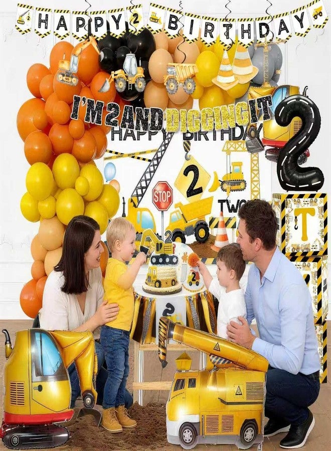 BEOXAGAR 176pcs Construction 2nd Birthday Party Supplies Dump Truck Party Decorations -Includes Balloon, Highchair Banner Backdrop, Photo Banner, Cake Topper，Milestone Poster，hat，foil balloon，Box - Image 3