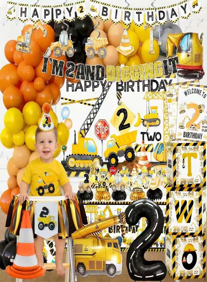 BEOXAGAR 176pcs Construction 2nd Birthday Party Supplies Dump Truck Party Decorations -Includes Balloon, Highchair Banner Backdrop, Photo Banner, Cake Topper，Milestone Poster，hat，foil balloon，Box - Image 2