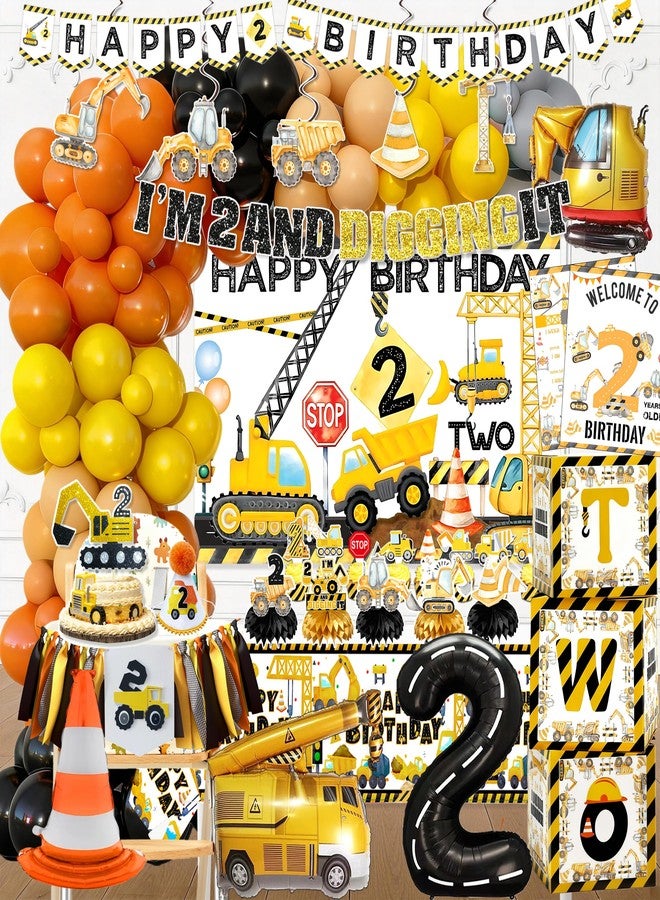 BEOXAGAR 176pcs Construction 2nd Birthday Party Supplies Dump Truck Party Decorations -Includes Balloon, Highchair Banner Backdrop, Photo Banner, Cake Topper，Milestone Poster，hat，foil balloon，Box - Image 1