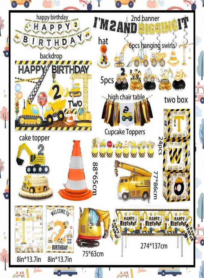 BEOXAGAR 176pcs Construction 2nd Birthday Party Supplies Dump Truck Party Decorations -Includes Balloon, Highchair Banner Backdrop, Photo Banner, Cake Topper，Milestone Poster，hat，foil balloon，Box - Image 4