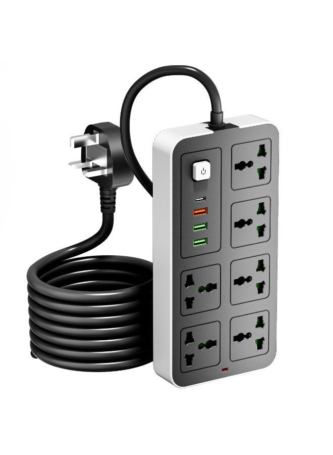 6-Outlet 3M Extension Cord with USB Ports and C-type, Surge Protector & Multi-Plug Adapter, Power Extension Cable, USB Hub with Smart and Socket - Perfect for Gaming with 13A Fused Plug