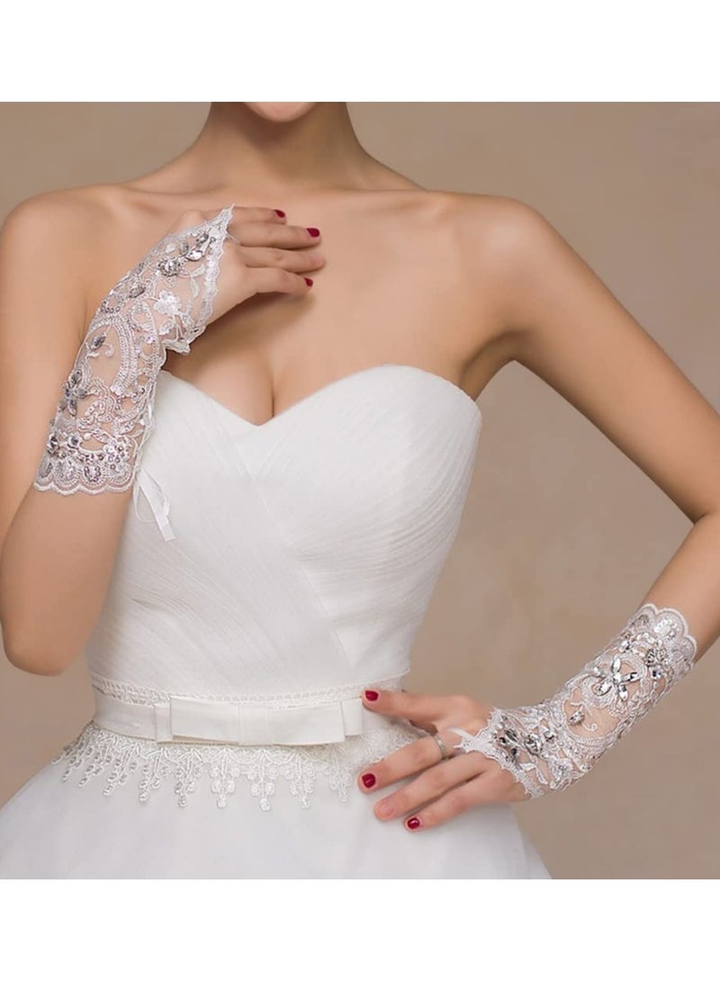 KASTWAVE Lace Gloves 1920s Lace Fingerless Gloves for Wedding Parties Bridal Wedding Dress Wedding Lace Gloves Hollow Out Fingerless Mesh Short Gloves Floral Lace Gloves for Wedding Opera Party (White)  - Image 3