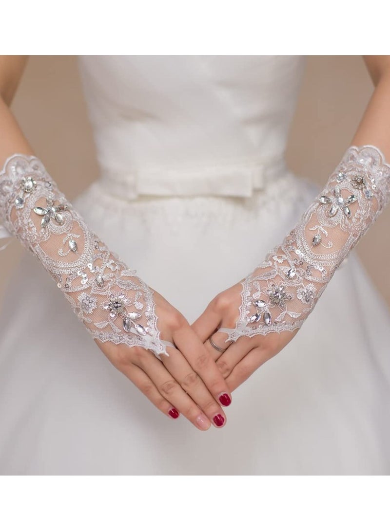 KASTWAVE Lace Gloves 1920s Lace Fingerless Gloves for Wedding Parties Bridal Wedding Dress Wedding Lace Gloves Hollow Out Fingerless Mesh Short Gloves Floral Lace Gloves for Wedding Opera Party (White)  - Image 2