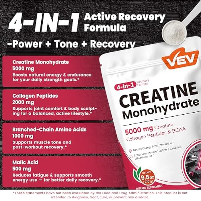 VEV Creatine Monohydrate for Women Powder 5000 mg with Collagen & BCAAs 2:1:1 – Creatine for Women, Supports Muscle Definition, Recovery & Energy – Unflavored, Sugar-Free, 9.5 oz, 30 Servings - Image 4