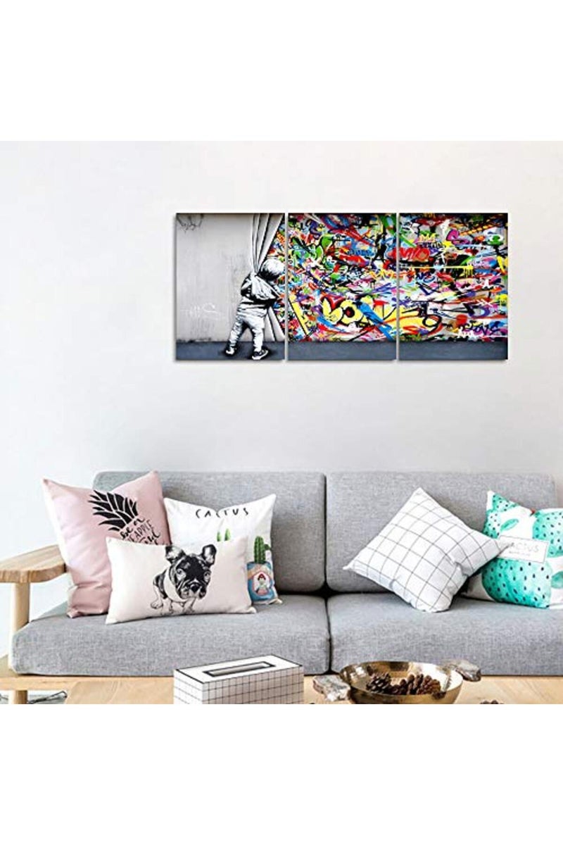 MAMAGO Inspirational Graffiti Wall Decor Banksy Behind the Curtain Canvas Prints Poster Classic Painting Street Pop Artwork for Living Room Bedroom Office Framed Wall Art Easy to Hang-12"x16"x3pcs - Image 2
