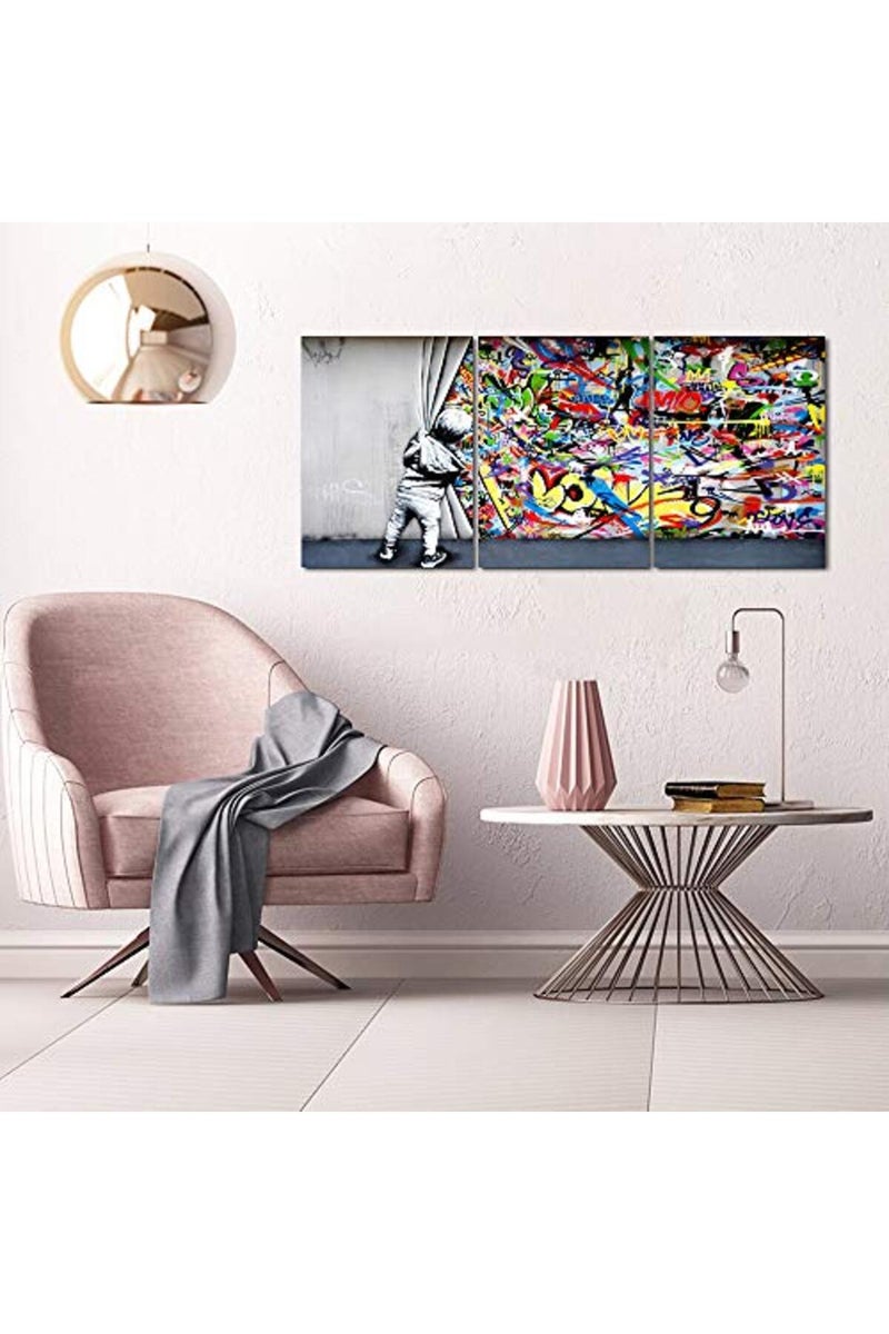 MAMAGO Inspirational Graffiti Wall Decor Banksy Behind the Curtain Canvas Prints Poster Classic Painting Street Pop Artwork for Living Room Bedroom Office Framed Wall Art Easy to Hang-12"x16"x3pcs - Image 3