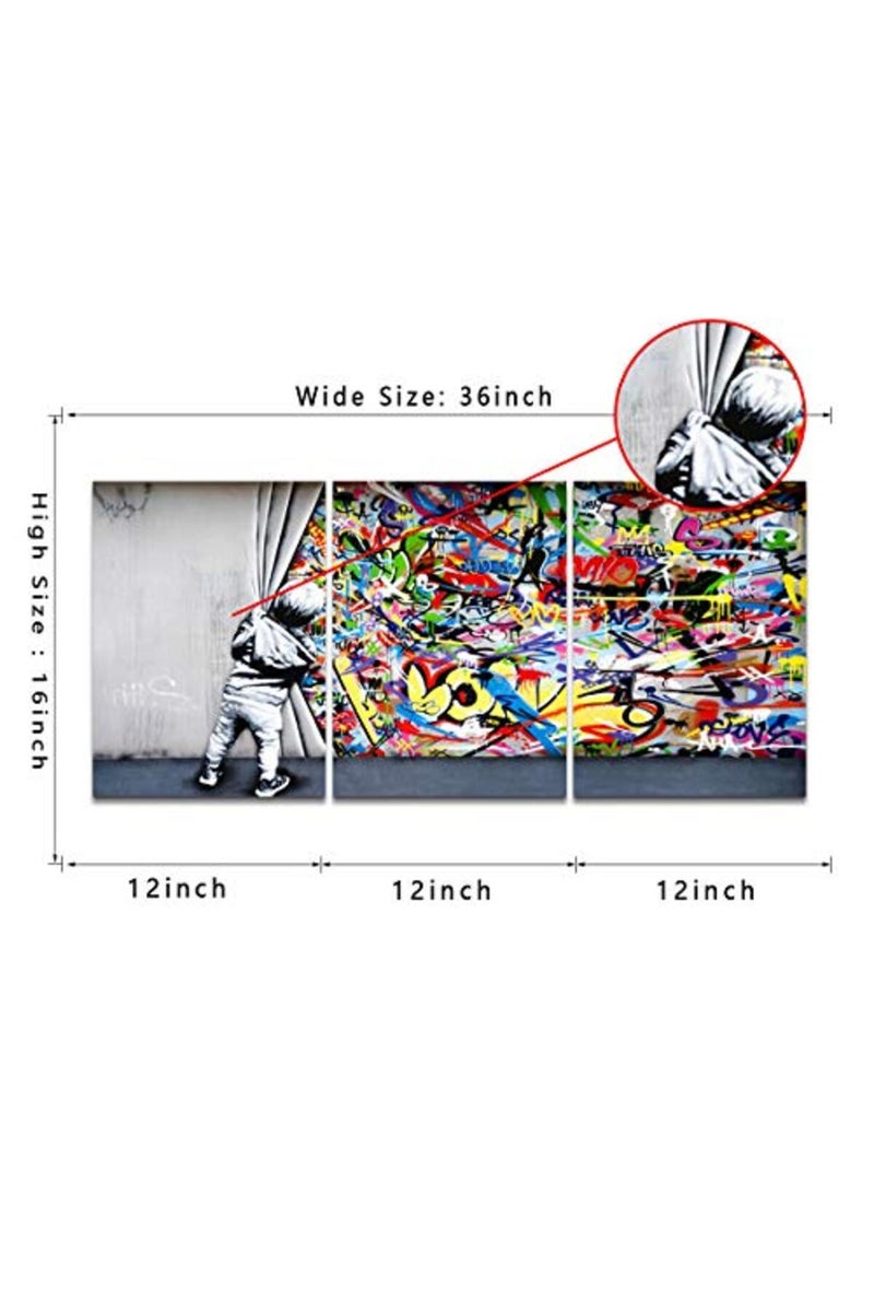 MAMAGO Inspirational Graffiti Wall Decor Banksy Behind the Curtain Canvas Prints Poster Classic Painting Street Pop Artwork for Living Room Bedroom Office Framed Wall Art Easy to Hang-12"x16"x3pcs - Image 4