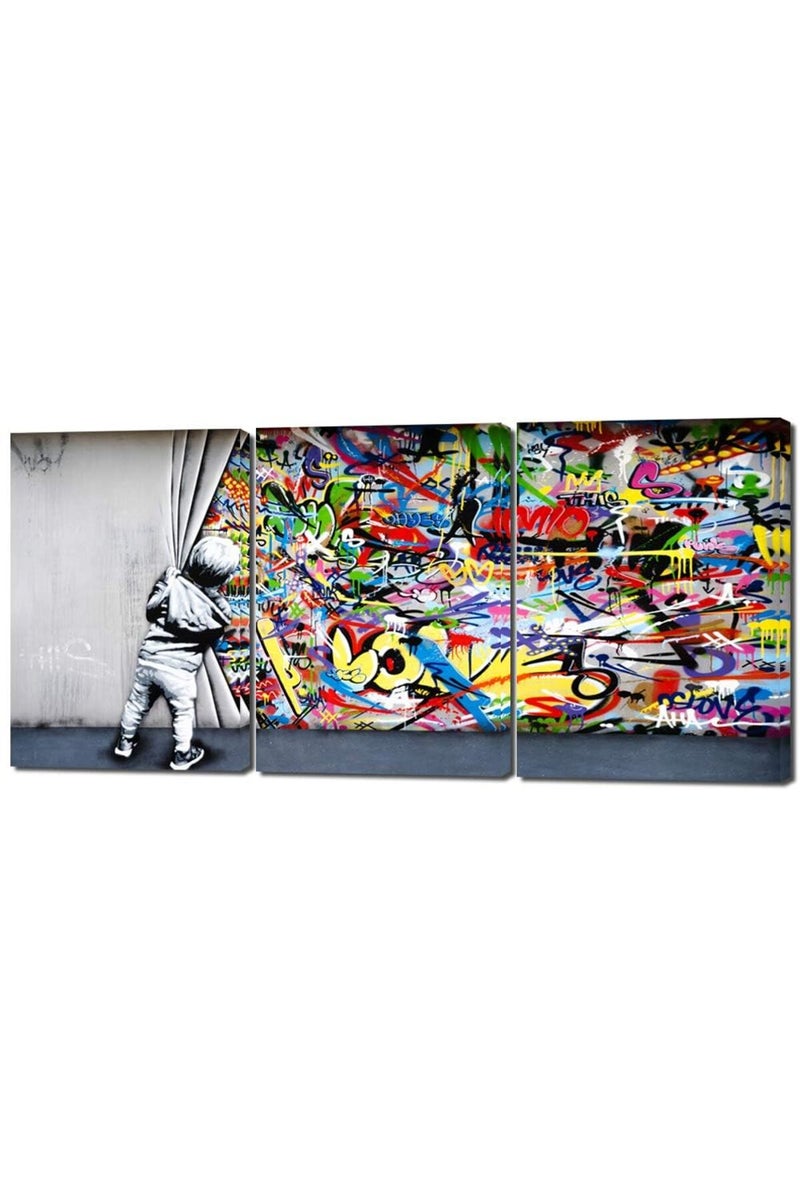 MAMAGO Inspirational Graffiti Wall Decor Banksy Behind the Curtain Canvas Prints Poster Classic Painting Street Pop Artwork for Living Room Bedroom Office Framed Wall Art Easy to Hang-12"x16"x3pcs - Image 1