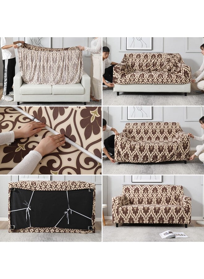 HOKIPO Elastic 4 Seater Sofa Cover Stretchable Slipcover, Beige Damask (AR-4096-D10) - Image 3