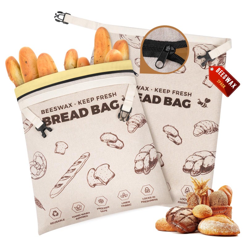‎YARRAMATE YARRAMATE Beeswax Bread Bags for Homemade Sourdough, Zipper Reusable Linen Food Storage Bags to Keep Loaf Fresh, Large Freezer Safe and Eco Friendly Bread Containers (Brown, 17x13", 2 Pack) - Image 1