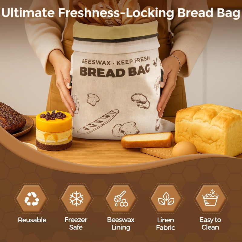 ‎YARRAMATE YARRAMATE Beeswax Bread Bags for Homemade Sourdough, Zipper Reusable Linen Food Storage Bags to Keep Loaf Fresh, Large Freezer Safe and Eco Friendly Bread Containers (Brown, 17x13", 2 Pack) - Image 3