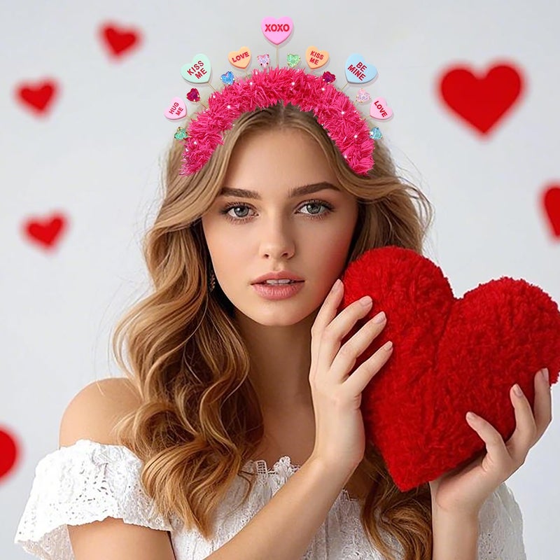 BVGA Valentines Headbands for Women Hot Pink Tinsel Wrapped Headpiece Heart Rhinestone Hairband Valentines Gifts for Her - Image 2