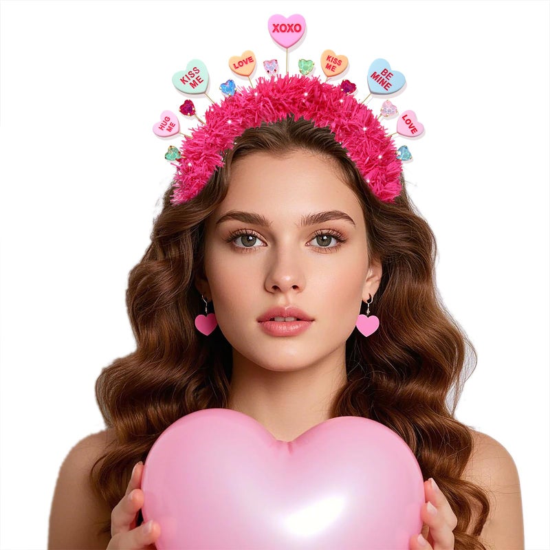BVGA Valentines Headbands for Women Hot Pink Tinsel Wrapped Headpiece Heart Rhinestone Hairband Valentines Gifts for Her - Image 4