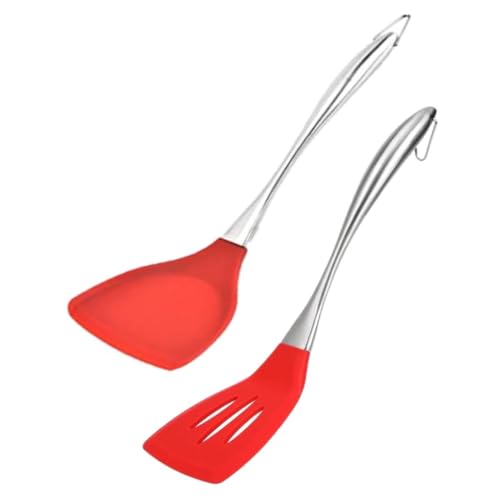 Baskety Kitchen Spatula Set Multipurpose Solid and Slotted Spatulas - Nylon Utensils with Nonstick, 304(18/10) Stainless Steel Handle Pack of 2 (Slotted+Spatula Red) - Image 1