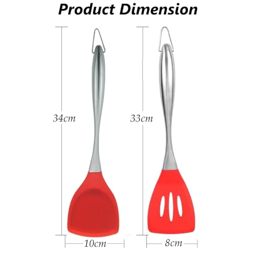 Baskety Kitchen Spatula Set Multipurpose Solid and Slotted Spatulas - Nylon Utensils with Nonstick, 304(18/10) Stainless Steel Handle Pack of 2 (Slotted+Spatula Red) - Image 2