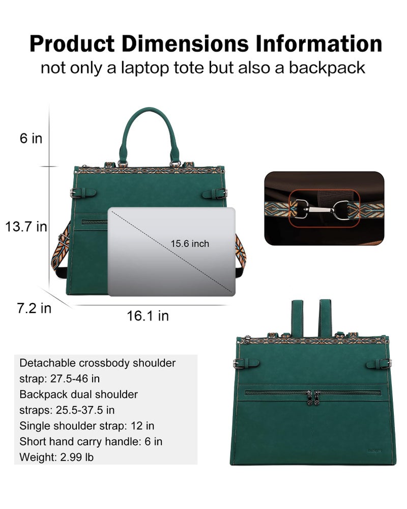 FADEON Laptop Bag for Women Designer PU Leather Large Tote Bags Backpack Purses with 15.6 Laptop Compartment Travel Shoulder Handbag Green - Image 3