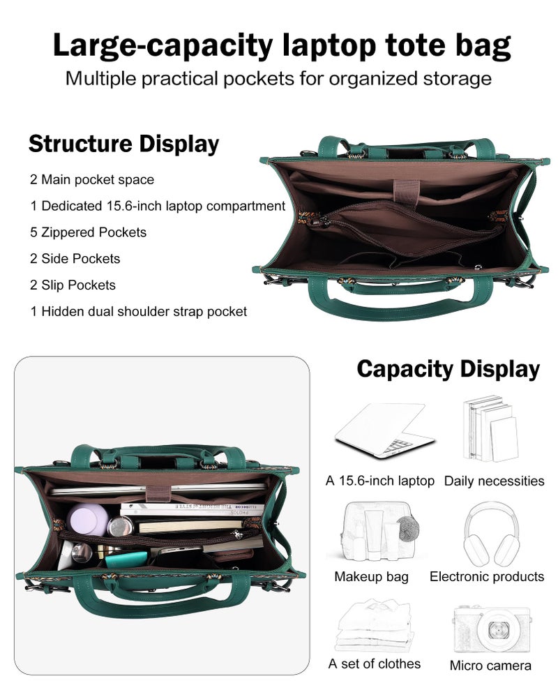 FADEON Laptop Bag for Women Designer PU Leather Large Tote Bags Backpack Purses with 15.6 Laptop Compartment Travel Shoulder Handbag Green - Image 4