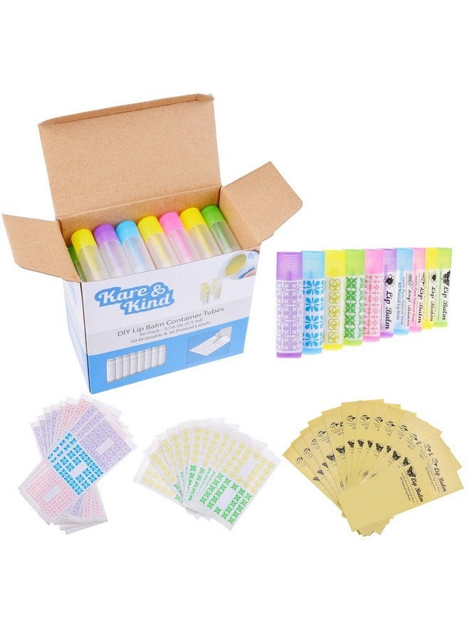 Kare Kind Kare & Kind DIY Lip Balm Container Tubes - 50-Pack (10x5 Colors) - Including 50 Writeable & Printed Lip Balm Stickers - Twist Mechanism and a Cap - 3/16 Oz (5.5 ml) - Moisturizing - Image 1