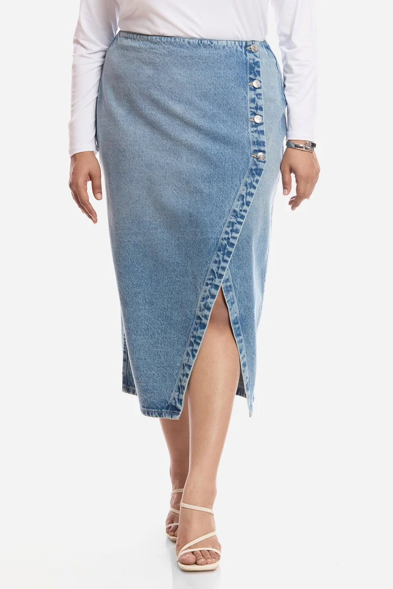 Virgio Solid Cotton Wrap Midi Plus Size Skirt for Women