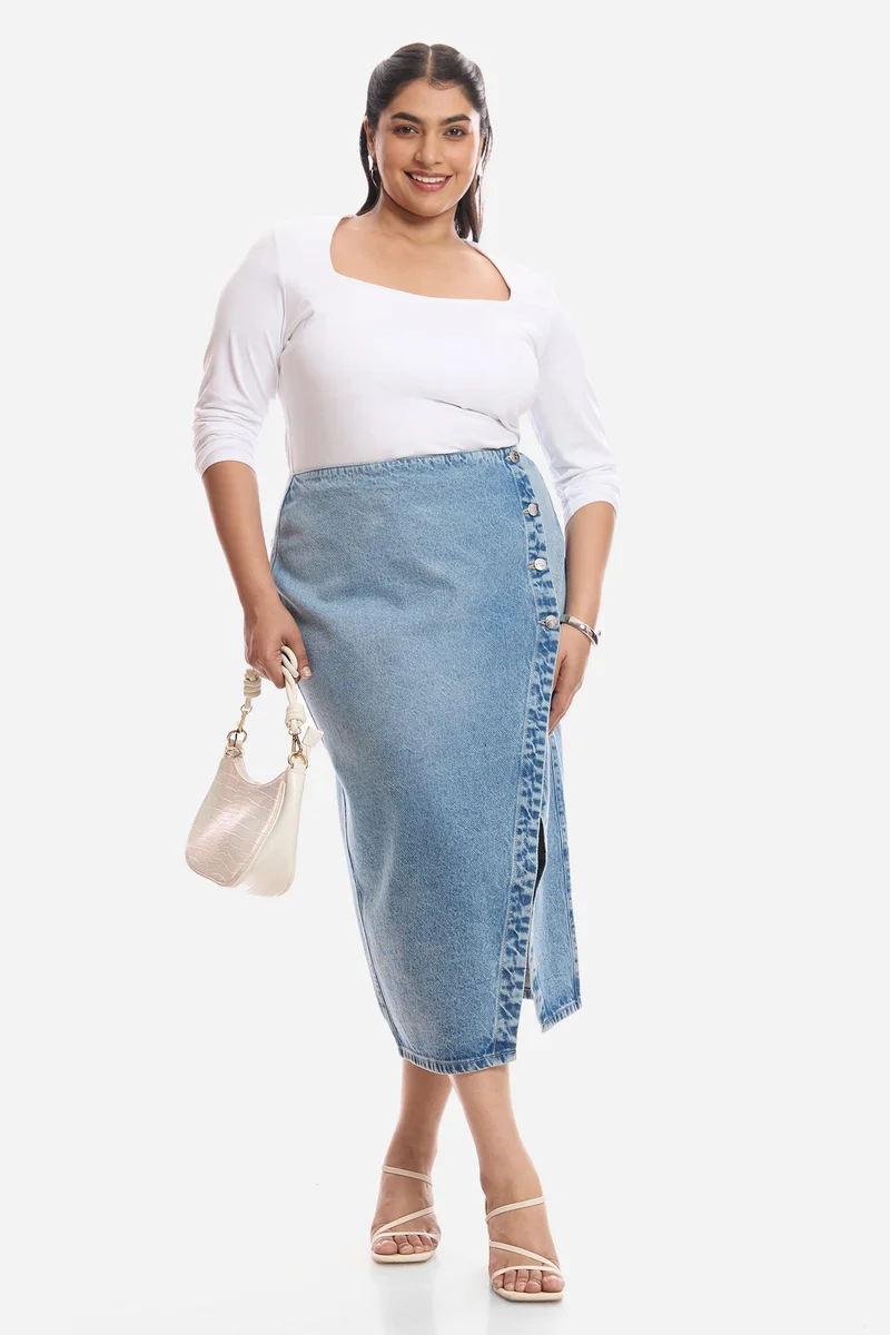 Virgio Solid Cotton Wrap Midi Plus Size Skirt for Women