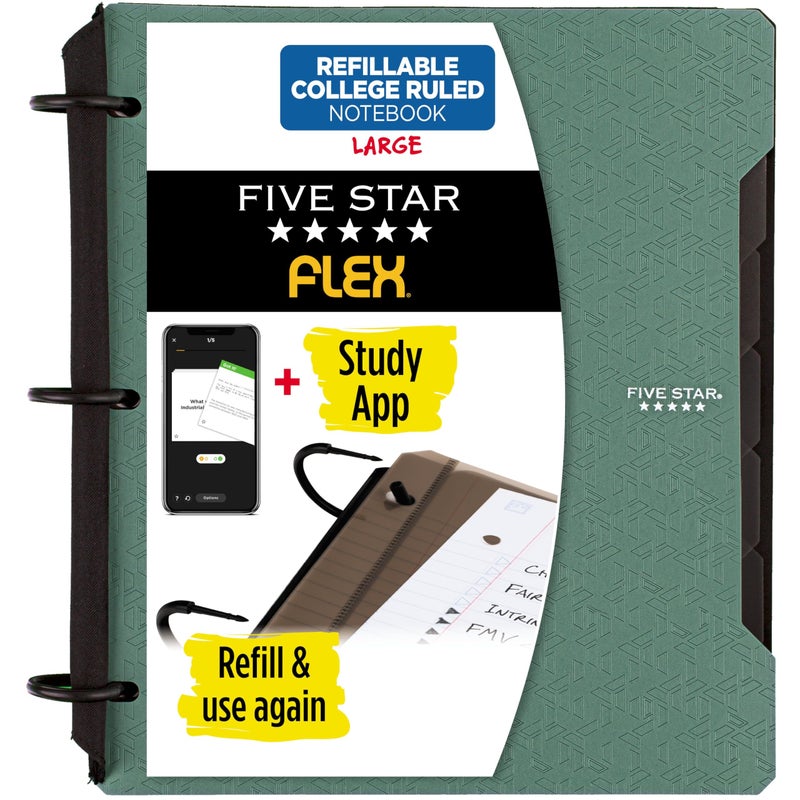 Five Star Flex Refillable Notebook Study App College Ruled Paper and 1 Inch TechLock Ring Binder with Pockets Tabs and Dividers 200 Sheet Capacity Seaglass Green 293280AQ8