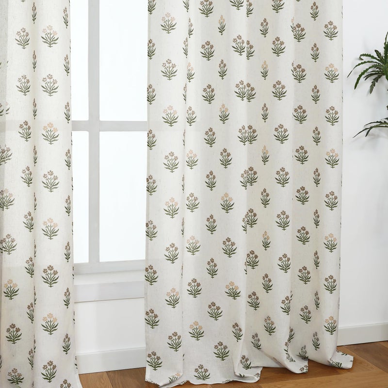 Lino Rosa Brown and Green Vintage Floral Curtains for Living Room, Rustic Linen Semi Sheer Grommet Drapes, Country Farmhouse Dining Room Curtains 84 Inch Length 2 Panels Set - Image 2