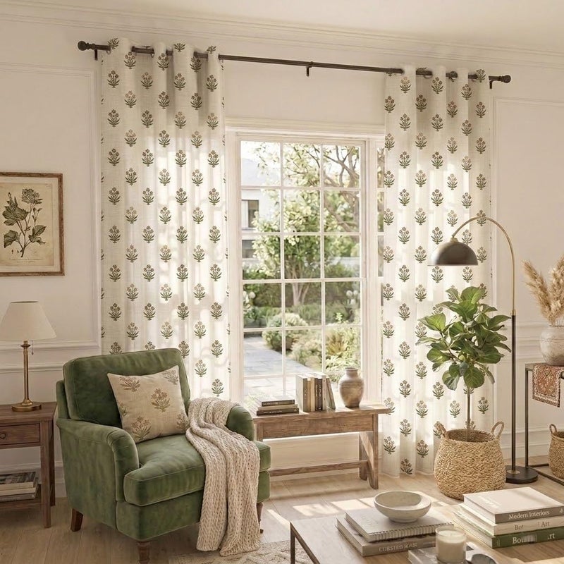 Lino Rosa Brown and Green Vintage Floral Curtains for Living Room, Rustic Linen Semi Sheer Grommet Drapes, Country Farmhouse Dining Room Curtains 84 Inch Length 2 Panels Set - Image 1