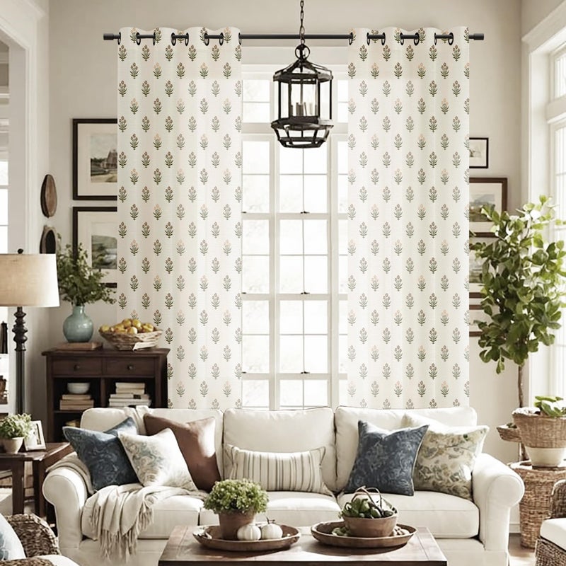 Lino Rosa Brown and Green Vintage Floral Curtains for Living Room, Rustic Linen Semi Sheer Grommet Drapes, Country Farmhouse Dining Room Curtains 84 Inch Length 2 Panels Set - Image 3