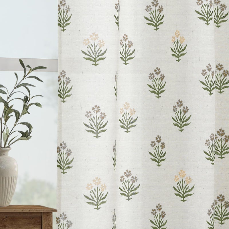 Lino Rosa Brown and Green Vintage Floral Curtains for Living Room, Rustic Linen Semi Sheer Grommet Drapes, Country Farmhouse Dining Room Curtains 84 Inch Length 2 Panels Set - Image 5