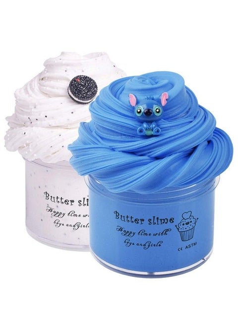 2 Pack Butter Slime Kit Blue Stitch White Oreo Charm With Glitters Foam Scented Slime Soft Cotton Putty Diy Sludge Toys For Girls Boys Premade Slime Kids Party Favors(100Ml Each*2)