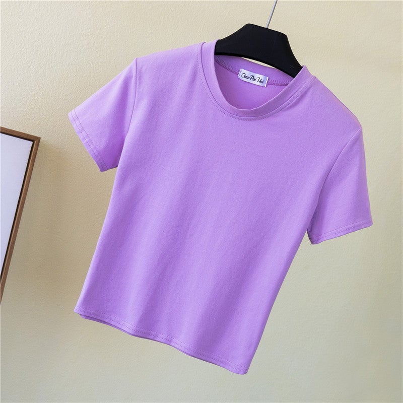 Half Turtleneck Short-Sleeved Navel-Baring T-Shirt Women'S Summer Tight-Fitting Navel-Baring Bottoming Shirt Short High-Waisted Pure Color Sports Top - Image 1