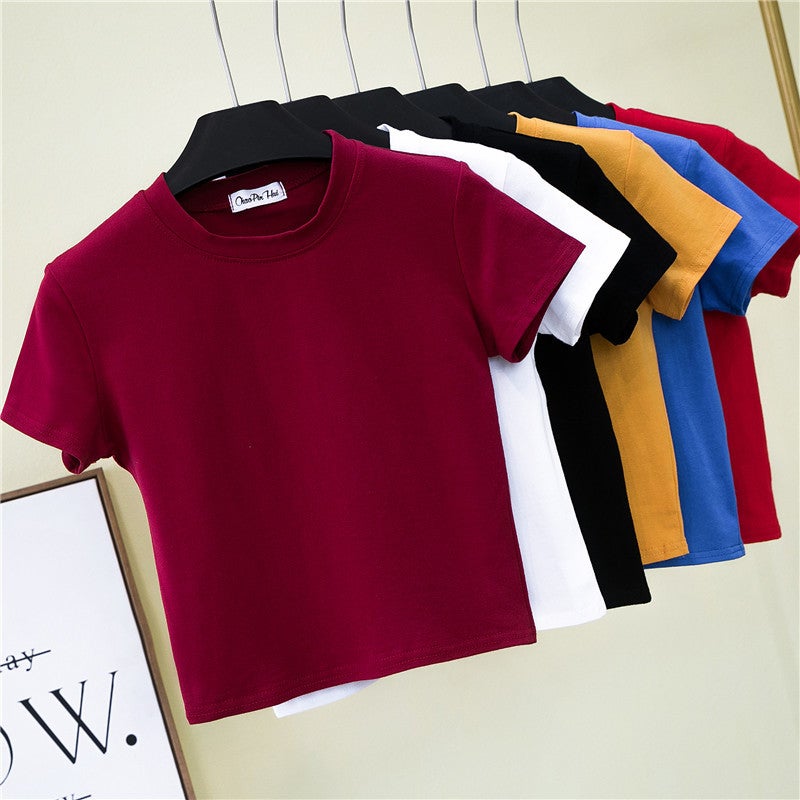 Half Turtleneck Short-Sleeved Navel-Baring T-Shirt Women'S Summer Tight-Fitting Navel-Baring Bottoming Shirt Short High-Waisted Pure Color Sports Top - Image 2