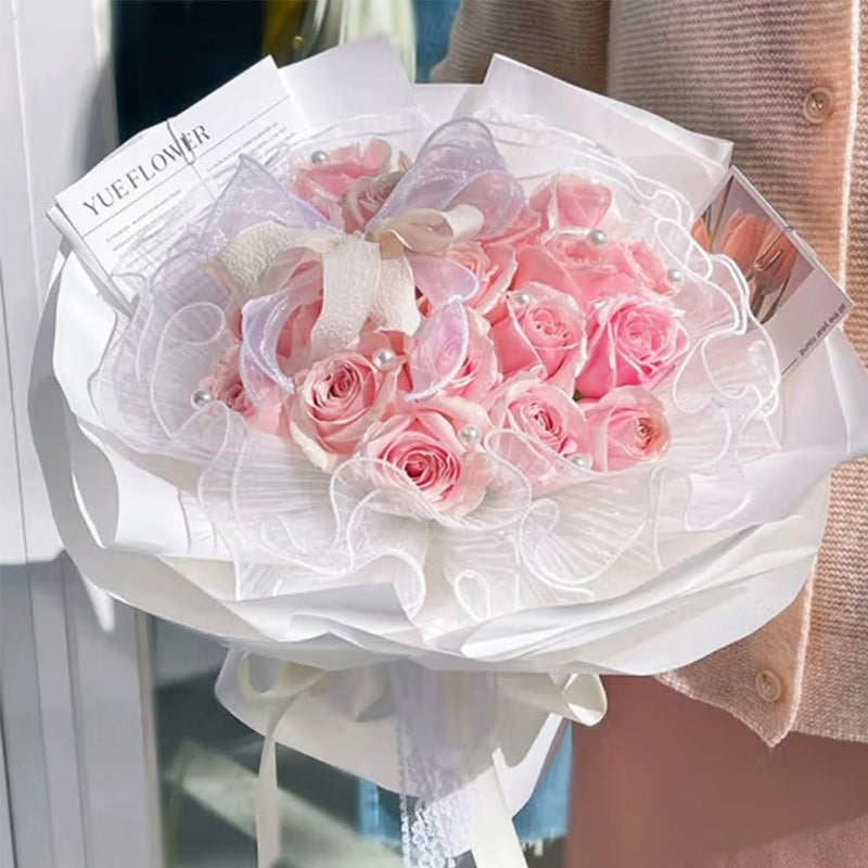 Amsthow 3 Pack Flower Wrapping Mesh Floral Wraps Paper with Bow 4.5 Yards White Translucent Wrinkled Wave Net Yarn Pleated Tulle for Weddding Favor Florist Flowers Bouquet Accessories Packaging - Image 4