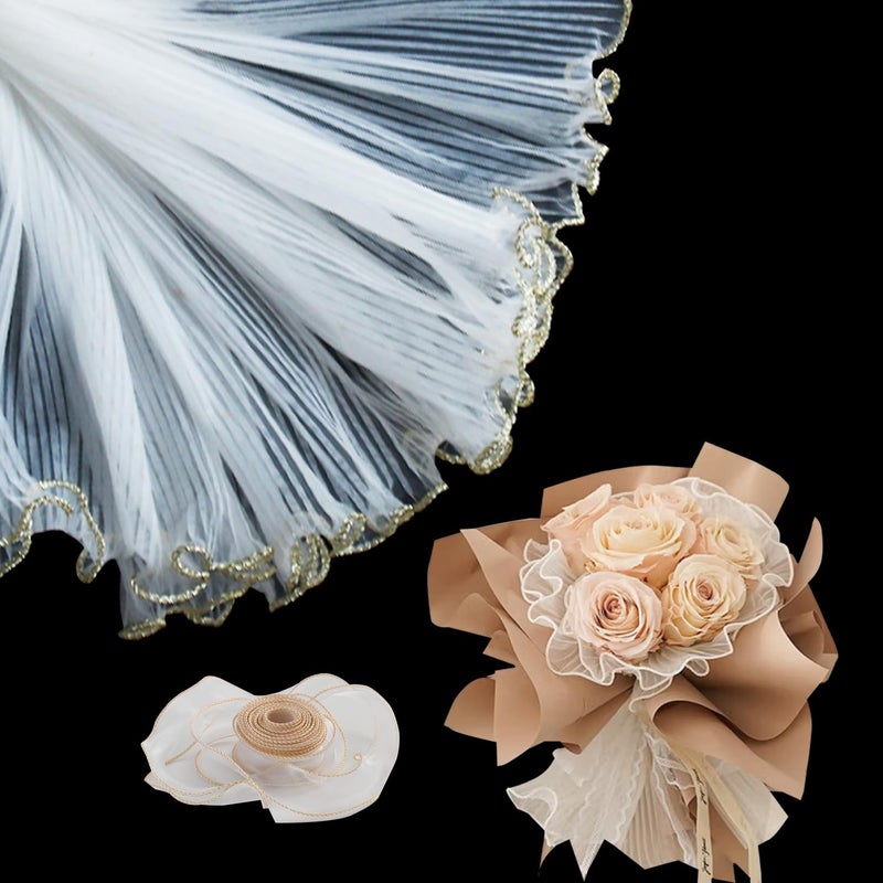 Amsthow 3 Pack Flower Wrapping Mesh Floral Wraps Paper with Bow 4.5 Yards White Translucent Wrinkled Wave Net Yarn Pleated Tulle for Weddding Favor Florist Flowers Bouquet Accessories Packaging - Image 1