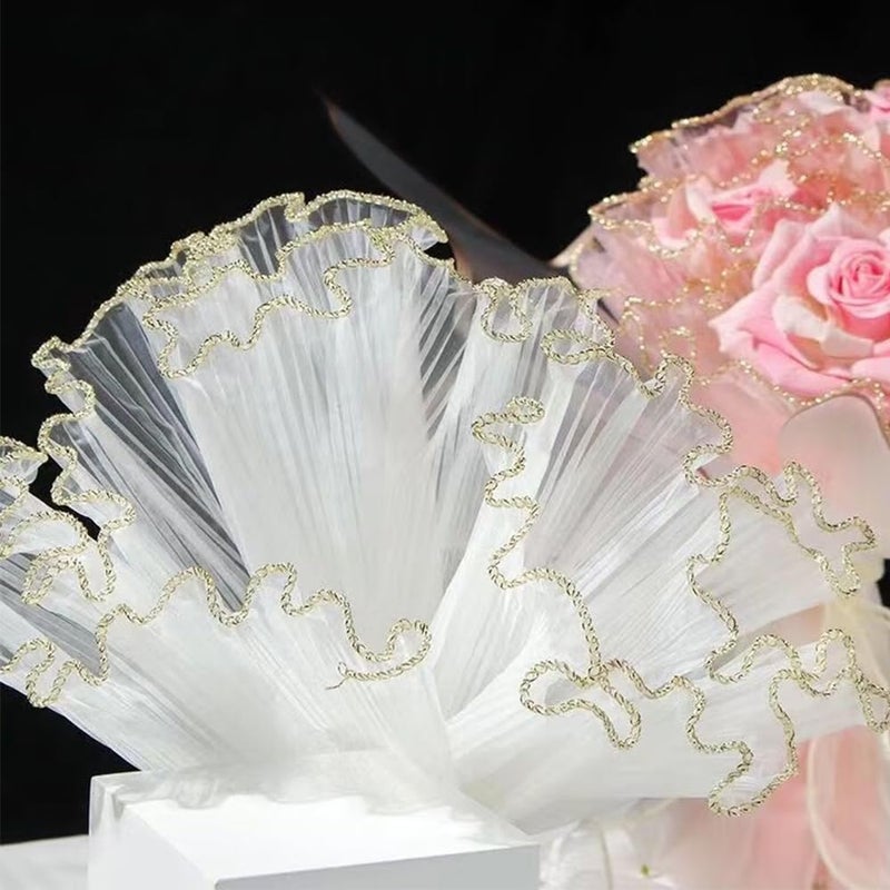 Amsthow 3 Pack Flower Wrapping Mesh Floral Wraps Paper with Bow 4.5 Yards White Translucent Wrinkled Wave Net Yarn Pleated Tulle for Weddding Favor Florist Flowers Bouquet Accessories Packaging - Image 2