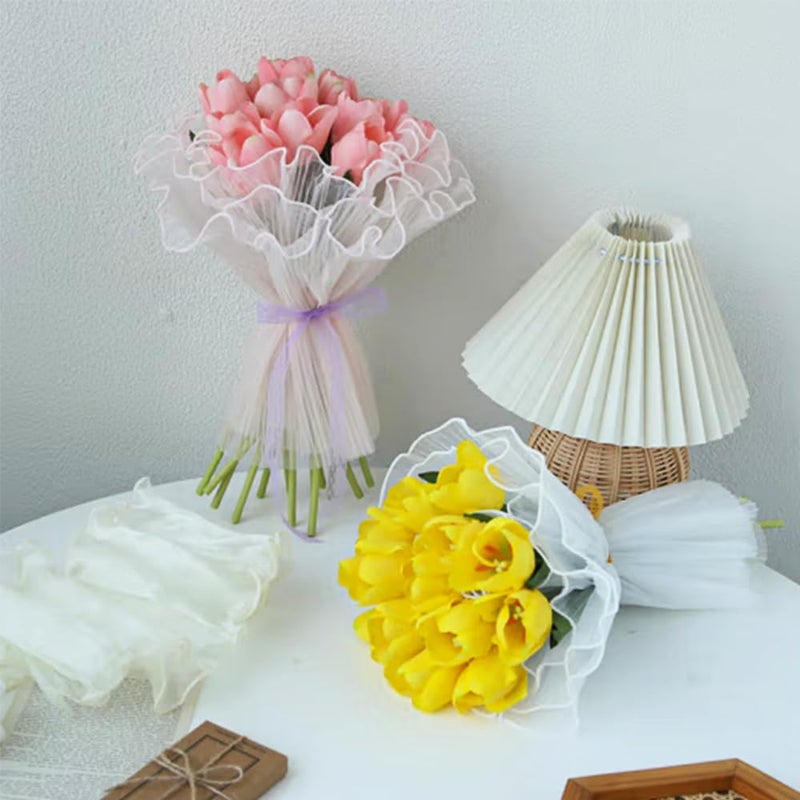 Amsthow 3 Pack Flower Wrapping Mesh Floral Wraps Paper with Bow 4.5 Yards White Translucent Wrinkled Wave Net Yarn Pleated Tulle for Weddding Favor Florist Flowers Bouquet Accessories Packaging - Image 3