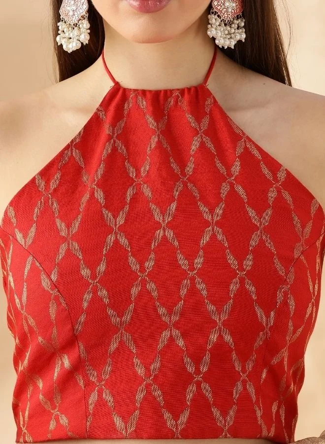 Abhishti Halter neck crisscross back tie up blouse-red