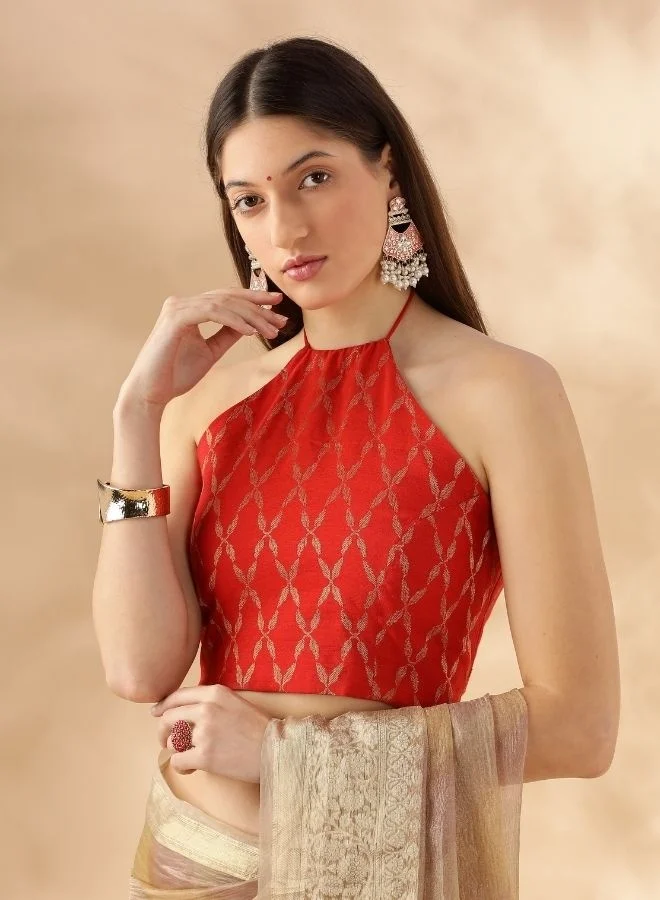 Abhishti Halter neck crisscross back tie up blouse-red