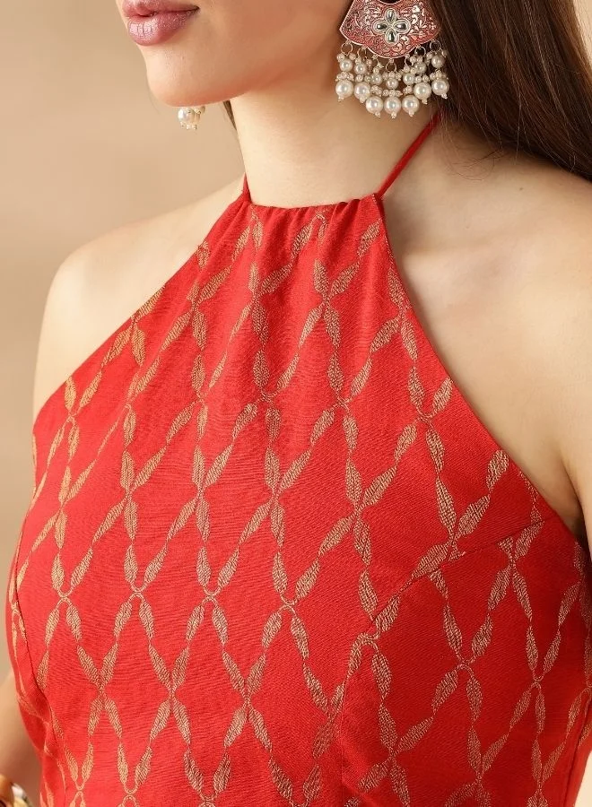 Abhishti Halter neck crisscross back tie up blouse-red